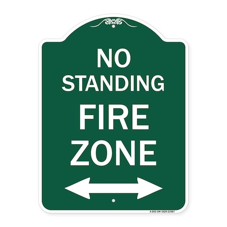 Signmission No Standing Fire Zone W/ Bidirectional Arrow, Green & White Aluminum Sign, 18" x 24", GW-1824-23587 A-DES-GW-1824-23587